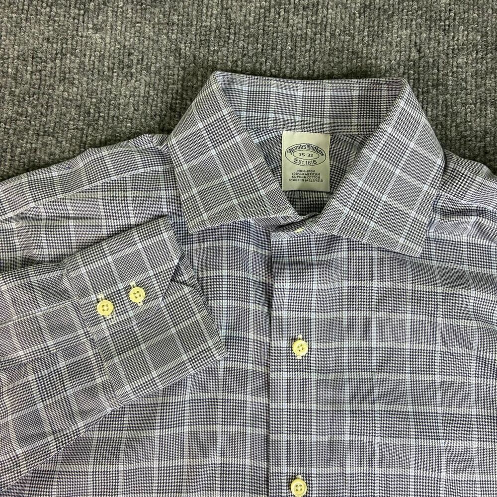 Brooks Brothers Plaid Dress Shirt Men’s 15-32 Blue Gray Cotton Non Iron